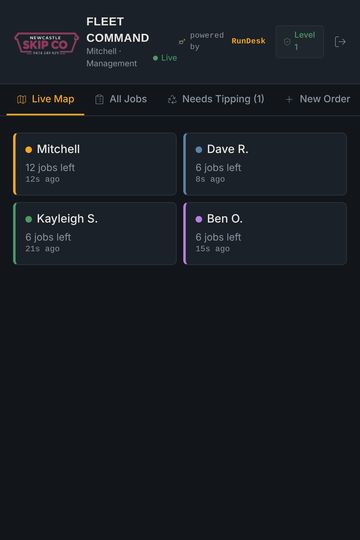 Fleet Command on a phone: four drivers with jobs left today (demo data).