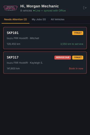 The Workshop app: two hook-lift trucks with faults and a service due (demo data).